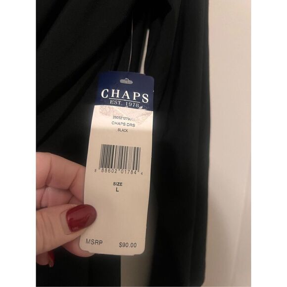 Chaps Size L Long Sleeve Gathered Cocktail Dress Solid Black Ruffle Detail New - Picture 7 of 7